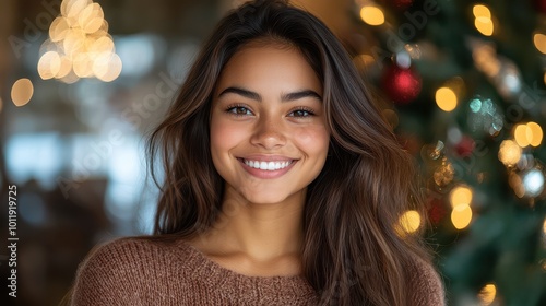 Portrait of a young woman smiling in front of a blurred Christmas tree with festive lights and ornaments