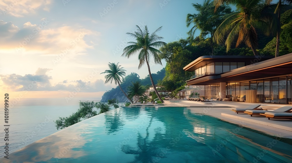 Fototapeta premium Tropical beachside villa with a private pool and panoramic ocean views, epitomizing luxury living and a peaceful escape in paradise.