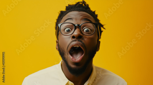 A person is very surprised isolated on yellow background