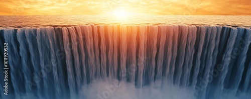 Waterfall at golden sunset, glowing light reflecting on mist, 3D illustration