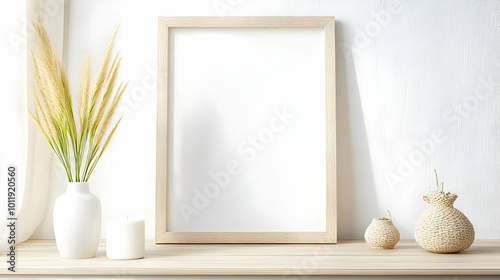 A White Frame with a Natural Wood Finish Sits on a Wooden Shelf with White Vase, Candle, and Straw Vases
