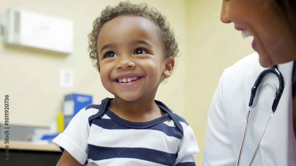 A joyful black toddler grins while interacting with a healthcare professional in a clinic, showcasing a positive medical experience. A boy smiles at a doctor's check-up. A joyful black toddler grins while interacting with a healthcare professional in a clinic, showcasing a positive medical experience. A boy smiles at a doctor's check-up.