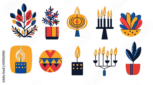 Set of Vibrant Hanukkah illustrations with candles and plants isolated on transparent background, modern festive decor photo