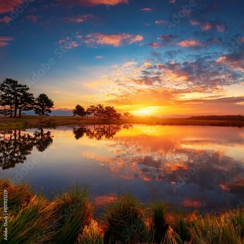 Tranquil Sunset Reflections: Evening Landscape Photography of a Serene Natural Scene