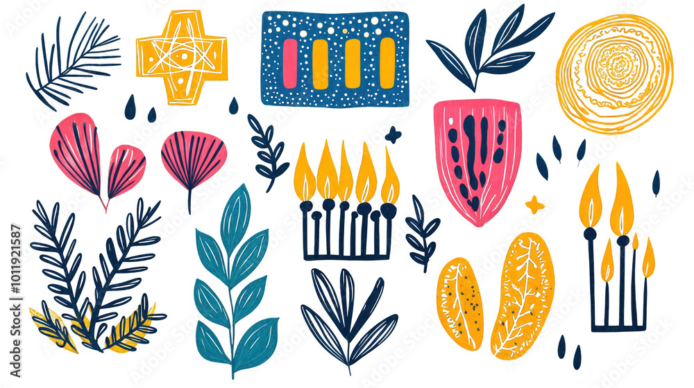 Set of Colorful folk art Hanukkah decor elements with candles and leaves isolated on transparent background