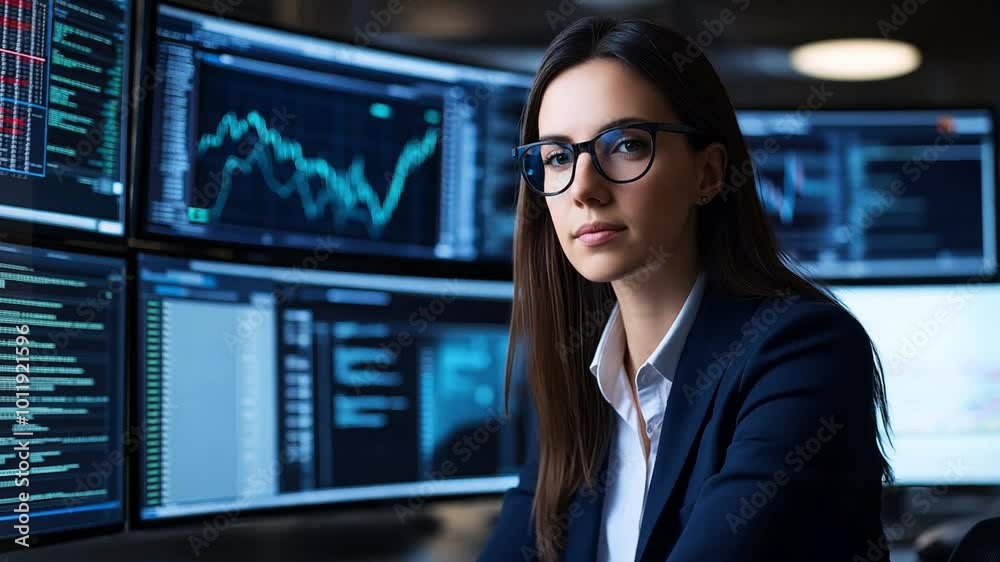 A focused business woman with glasses studies complex financial graphs on several screens in a contemporary office setting at dusk A focused business woman with glasses studies complex financial graphs on several screens in a contemporary office setting at dusk