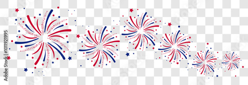 Exploding  Fireworks . Set of USA fireworks with a red and blue stars and sparks . United states of america independence day fireworks. Red, blue fireworks for 4th of July .