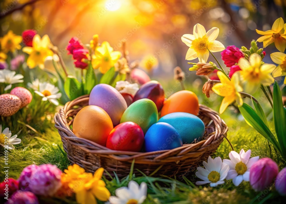Christ is Risen Easter Celebration with Colorful Eggs and Spring Flowers for Joyful Holidays Christ is Risen Easter Celebration with Colorful Eggs and Spring Flowers for Joyful Holidays