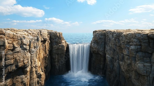 Waterfall flowing into deep ravine, rugged landscape and crashing water, 3D illustration