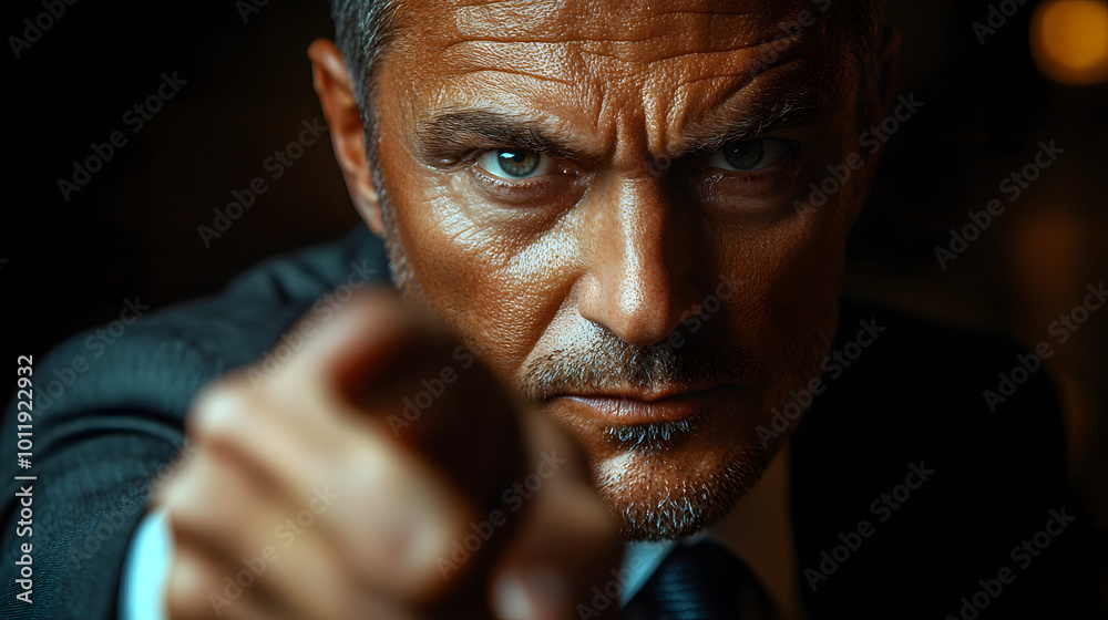 Close-up of a businessman pointing his finger at you with a serious expression.
Close-up of a businessman pointing his finger at you with a serious expression.