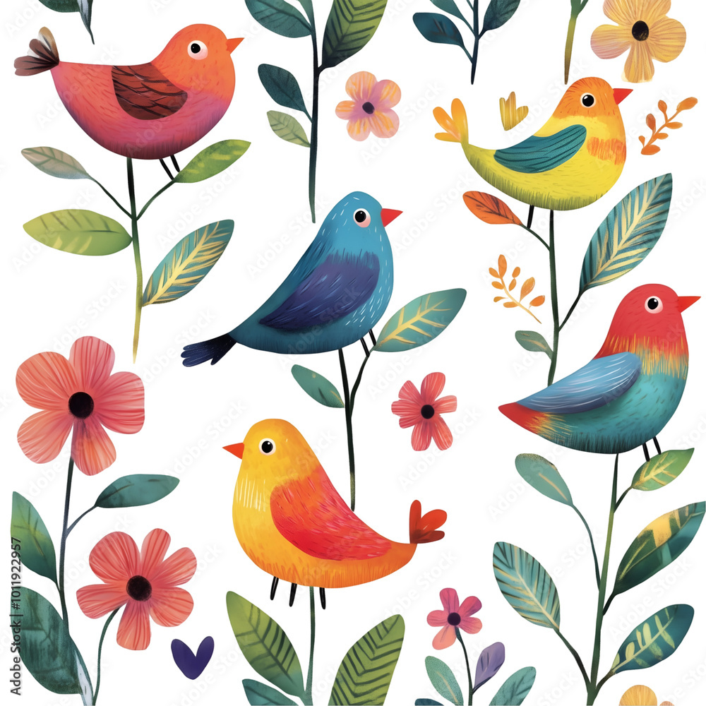 Colorful Birds Surrounded By Beautiful Blooming Flowers In A Vibrant Nature Illustration With Playful Floral Elements, Cutout, Isolated on Transparent PNG/White Background. Colorful Birds Surrounded By Beautiful Blooming Flowers In A Vibrant Nature Illustration With Playful Floral Elements, Cutout, Isolated on Transparent PNG/White Background.