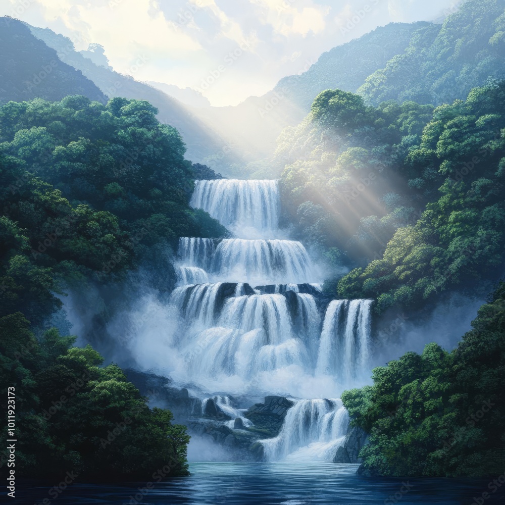 Fototapeta premium Waterfall in a misty forest, sunlight filtering through, 3D illustration