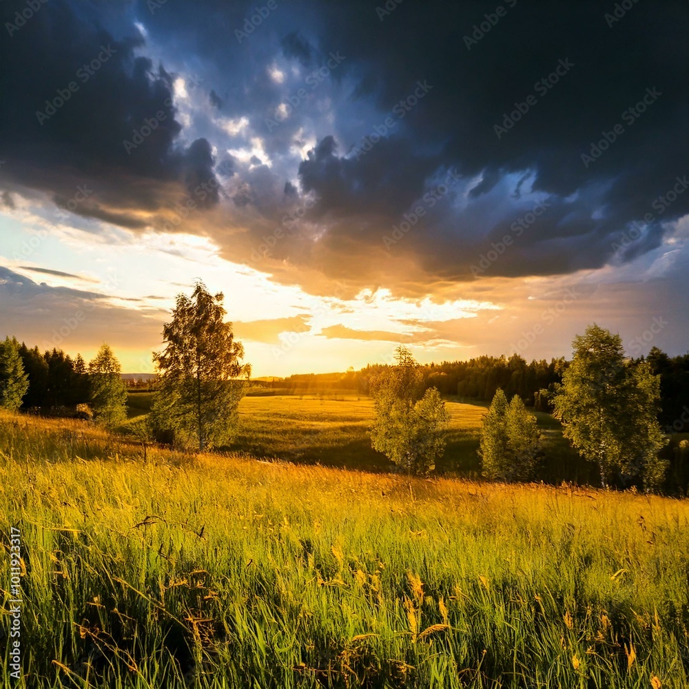 Obraz premium Dramatic Sunset Over Meadow: Summer Storm Approaches