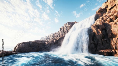 Waterfall in a rocky canyon, turbulent water and dramatic cliffs, 3D illustration