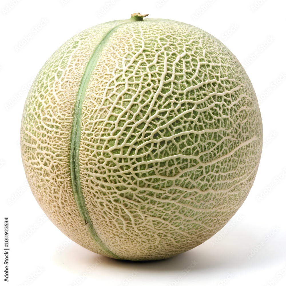 A cantaloupe with a green stem and a green stem. A cantaloupe with a green stem and a green stem.
