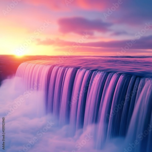 Waterfall in dramatic sunset, glowing mist and vibrant colors, 3D illustration