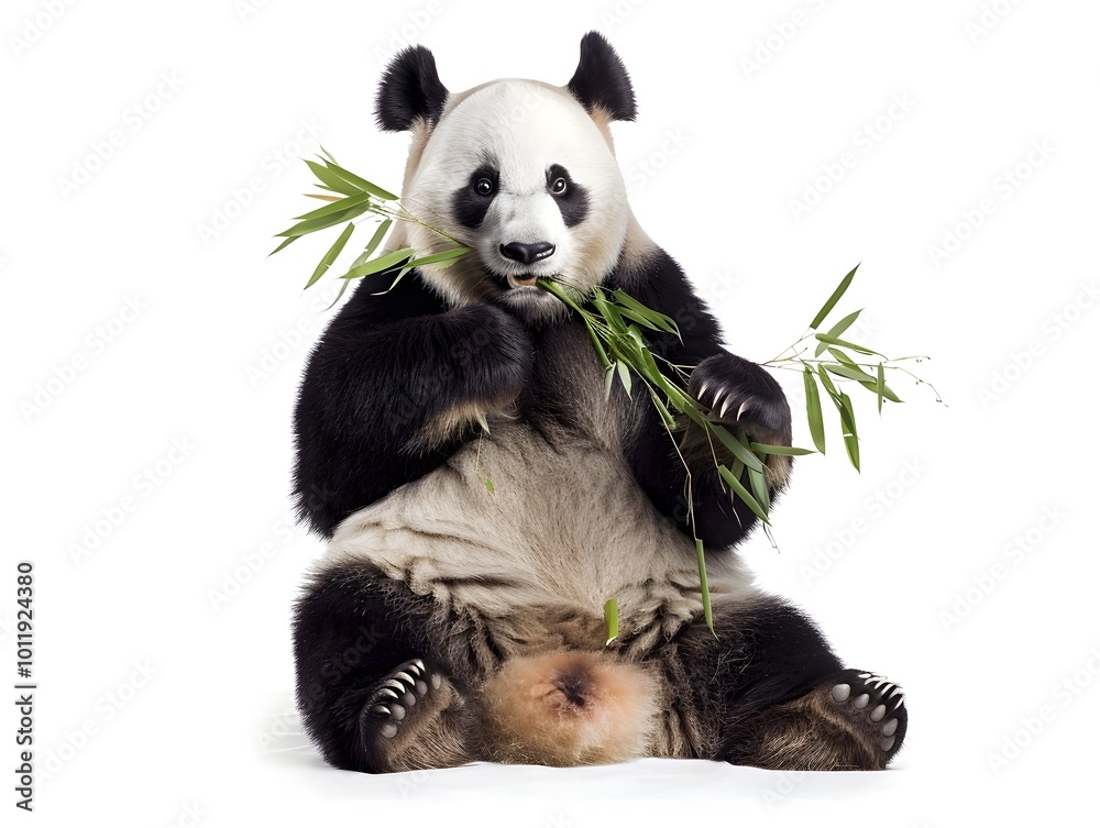 Naklejka premium Overweight Panda Bear Sitting and Holding Bamboo Stalk on White Background