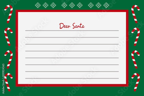 Letter to Santa Claus template for kids Dear Santa text Printable holiday paper letter green festive background Xmas vector illustration Christmas wishlist children Classic decor ornament Copy space