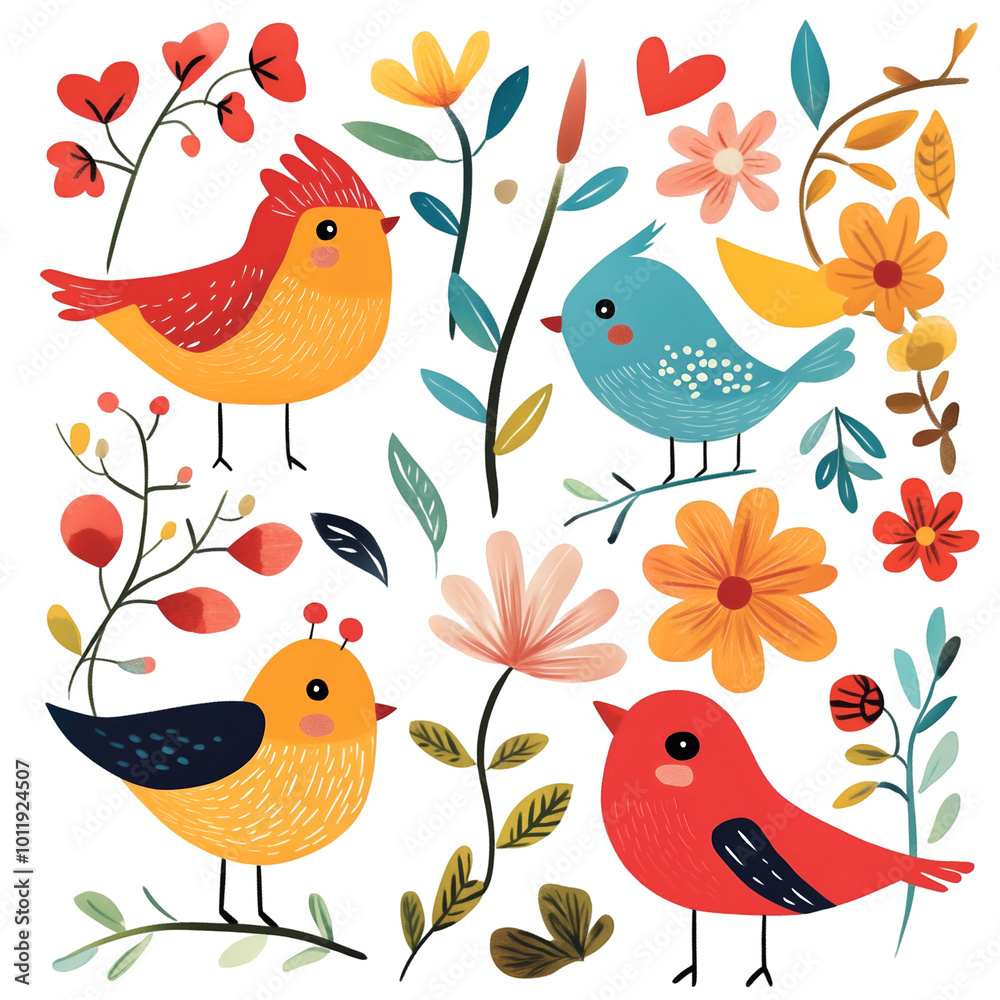 Colorful Birds And Flowers In Whimsical Nature Illustration With Bright Floral Elements And Playful Design, Cutout, Isolated on Transparent PNG/White Background. Colorful Birds And Flowers In Whimsical Nature Illustration With Bright Floral Elements And Playful Design, Cutout, Isolated on Transparent PNG/White Background.