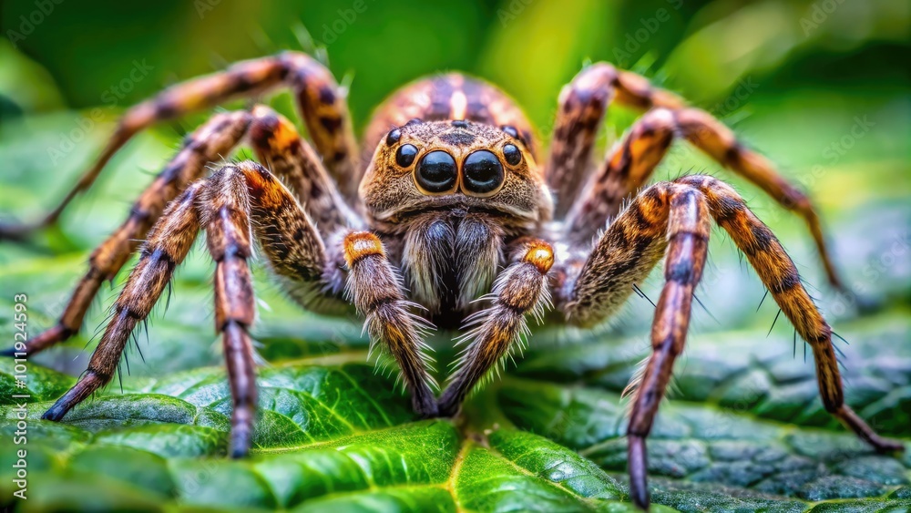 Close-Up of a Wolf Spider on a Leaf in Natural Habitat, Capturing Its Intricate Details and Colors Close-Up of a Wolf Spider on a Leaf in Natural Habitat, Capturing Its Intricate Details and Colors