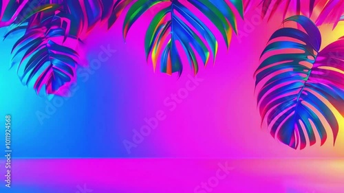 Retro 80s-inspired colors (electric blue, hot pink, neon green) palm leaves screen, neon gradient to shine. A space middle glows softly for text, 4k High-Quality background Animation Video