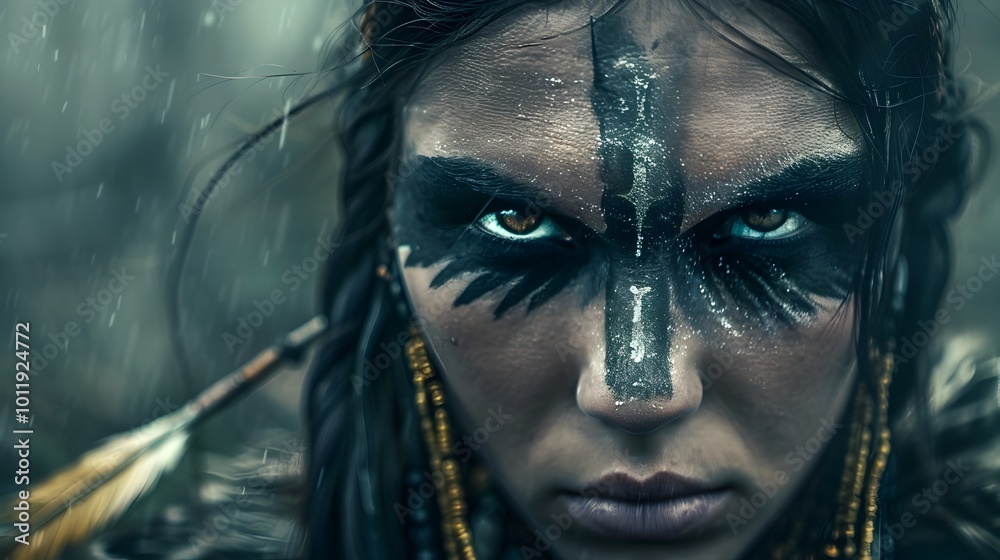 Fierce Tribal Warrior Woman with Intense Gaze in Misty Forest Fierce Tribal Warrior Woman with Intense Gaze in Misty Forest