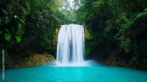 Waterfall pouring into a turquoise pool, lush surroundings, 3D illustration