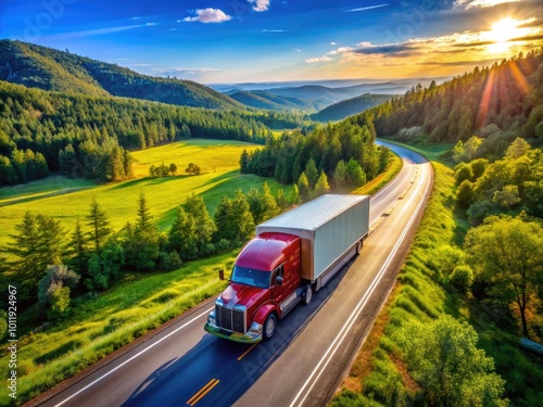 Classic USA Truck Driving Through Scenic Landscape with Clear Blue Sky and Lush Greenery Surrounding