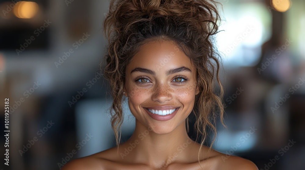 Woman with freckles and curly hair smiling indoors with a blurred background. Woman with freckles and curly hair smiling indoors with a blurred background.