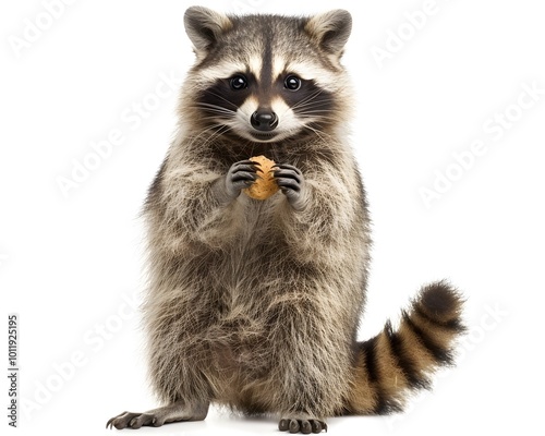 Chunky Raccoon Holding Food on Its Hind Legs Isolated on White Background