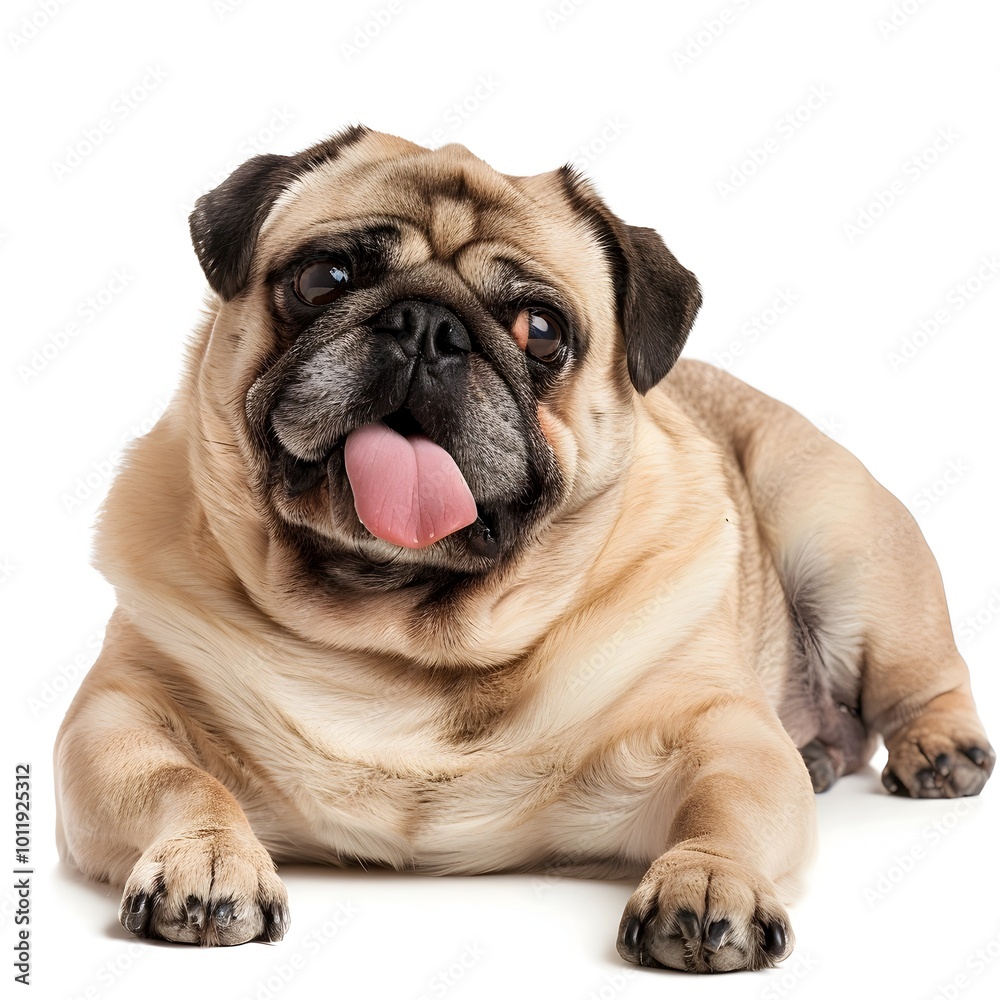 Overweight Pug Dog with Tongue Hanging Out Lying on White Background Overweight Pug Dog with Tongue Hanging Out Lying on White Background