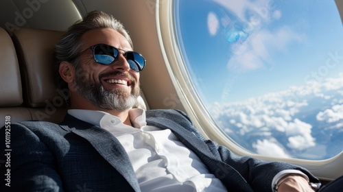 A man in a relaxed pose, wearing sunglasses and a gentle smile, gazes out the airplane window at the serene sky, exuding calm and contentment. photo