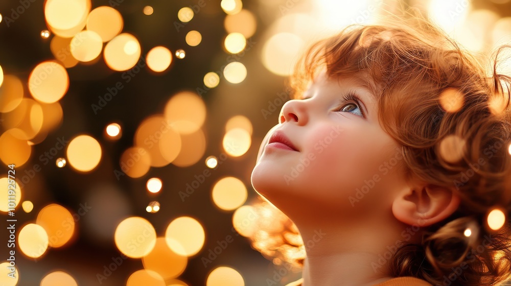 A child with curly hair gazes upwards in wonder, surrounded by an ethereal bokeh light effect that immerses the scene, conveying pure innocence and delight. A child with curly hair gazes upwards in wonder, surrounded by an ethereal bokeh light effect that immerses the scene, conveying pure innocence and delight.
