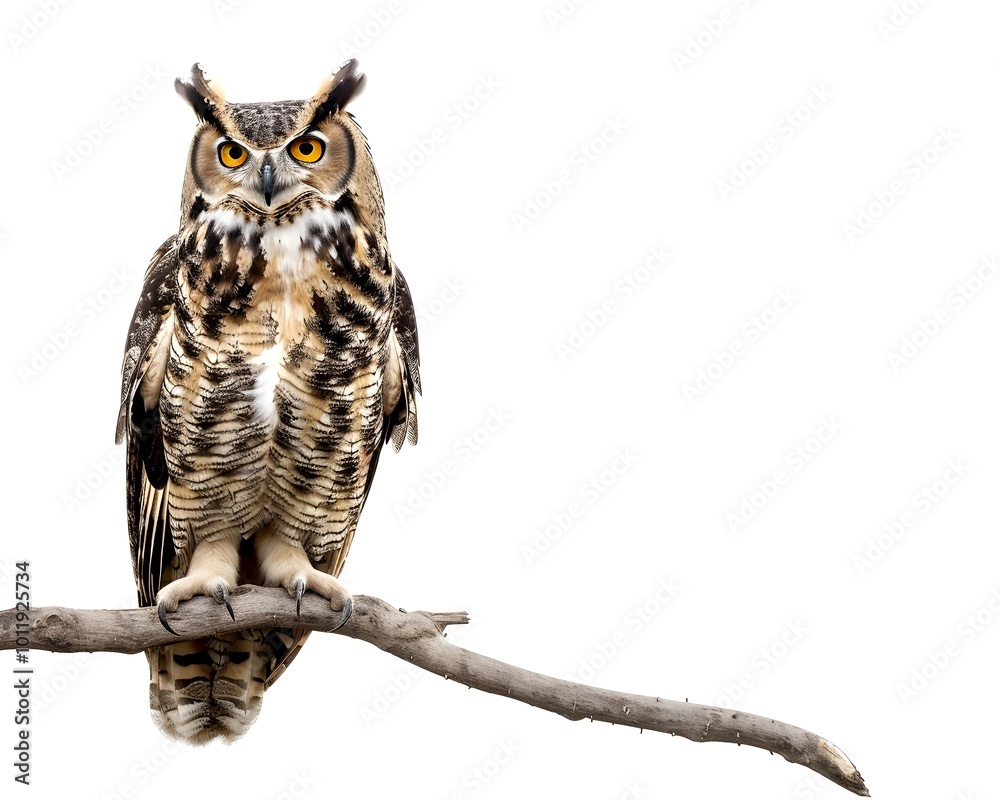 Obraz premium Plump Owl Perched on Branch Against White Background