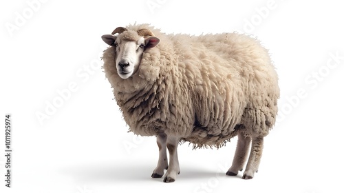 Chubby Sheep with Fluffy Wool Isolated on White Background