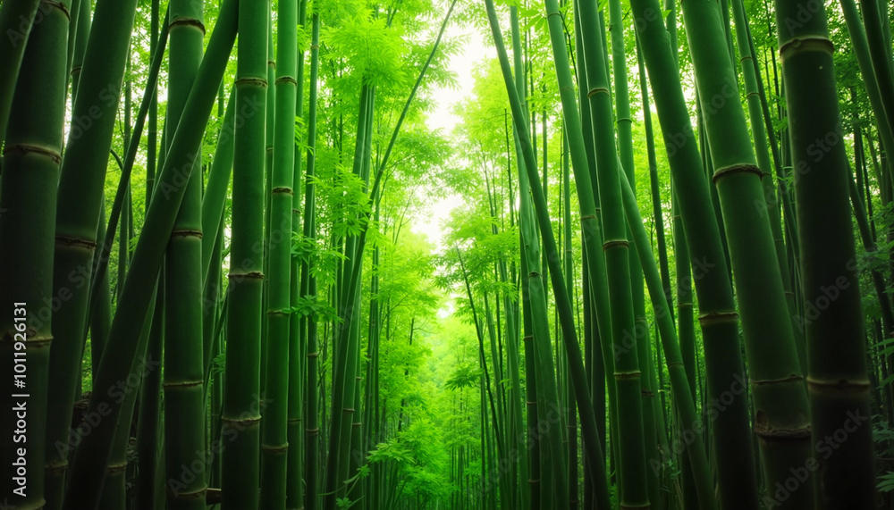 Fototapeta premium Bamboo forest serene atmosphere vibrant green nature background copy space