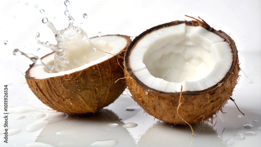 A halved coconut with a splash of coconut water. A halved coconut with a splash of coconut water.