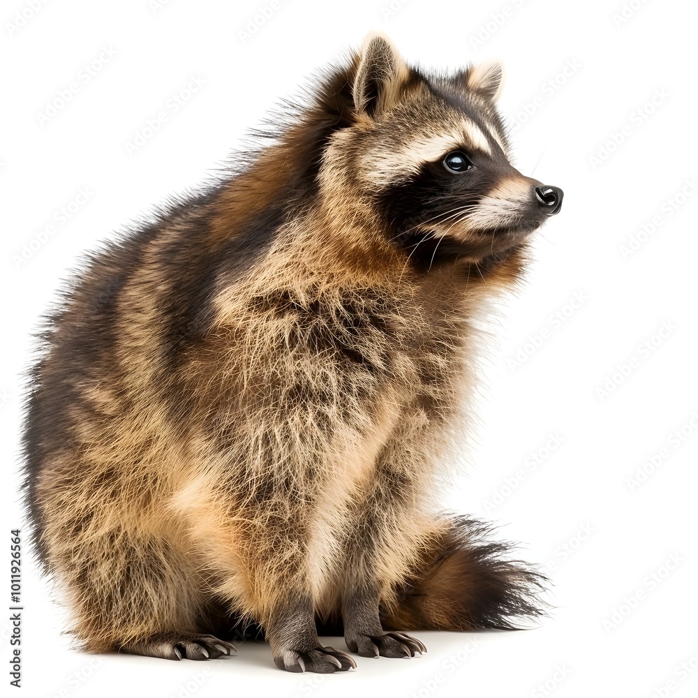 Fototapeta premium Alert chunky raccoon dog with fluffy tail standing on isolated white background