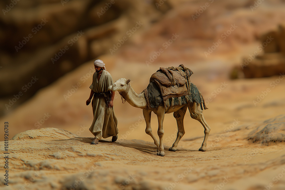 intricate miniature diorama of a bedouin leading a camel through a vast desert landscape. Generative AI