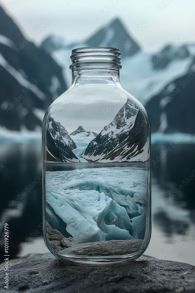 a surreal glacier encased in a bottle with a stunning Antarctic landscape as the backdrop. Generative AI