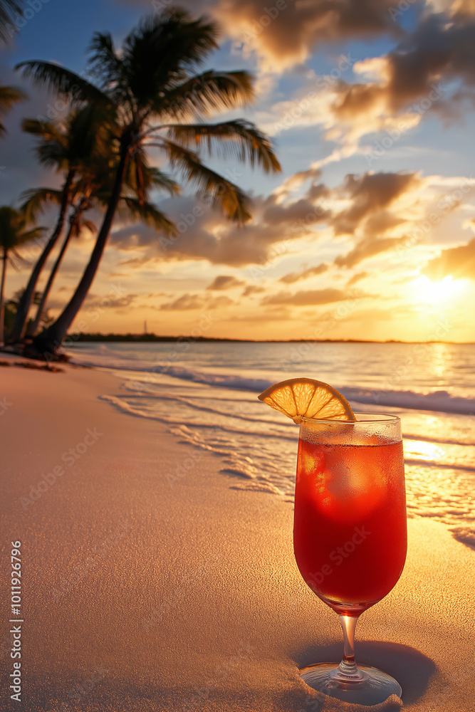 a tropical sunset with a tequila sunrise cocktail by the beach, palm trees swaying in the warm evening breeze. Generative AI