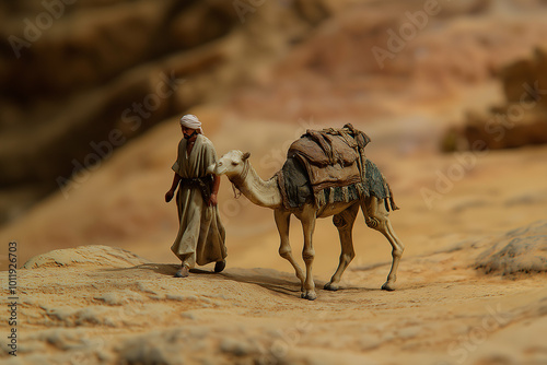 intricate miniature diorama of a bedouin leading a camel through a vast desert landscape. Generative AI