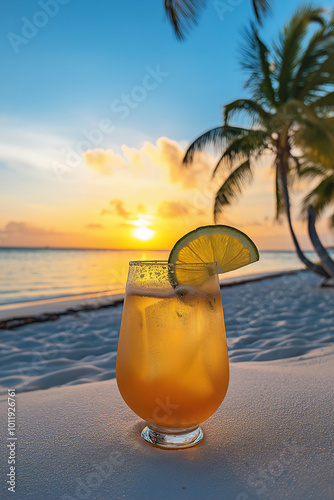 refreshing tequila sunrise cocktail on the beach with palm trees at sunset, capturing tropical relaxation. Generative AI