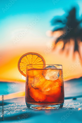 Obraz na płótnie tropical tequila sunrise cocktail at sunset on the beach with palm trees swaying in the breeze. Generative AI w salonie