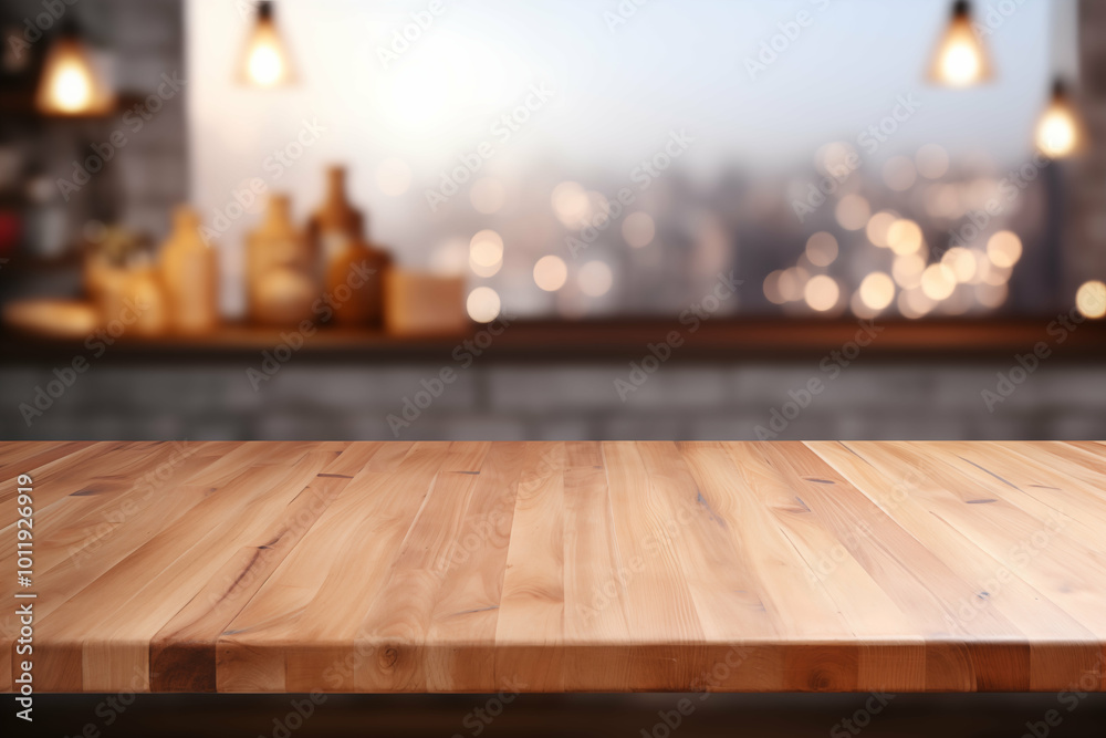 wooden tabletop with a blurred cozy kitchen background bathed in natural sunlight. Generative AI