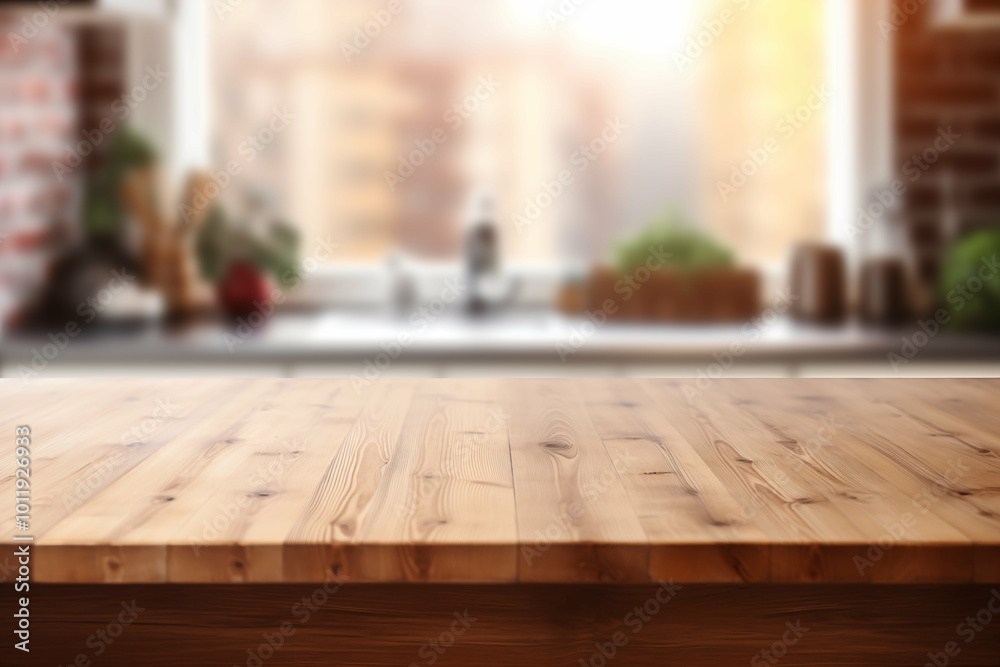 wooden tabletop with a blurred cozy kitchen background bathed in natural sunlight. Generative AI