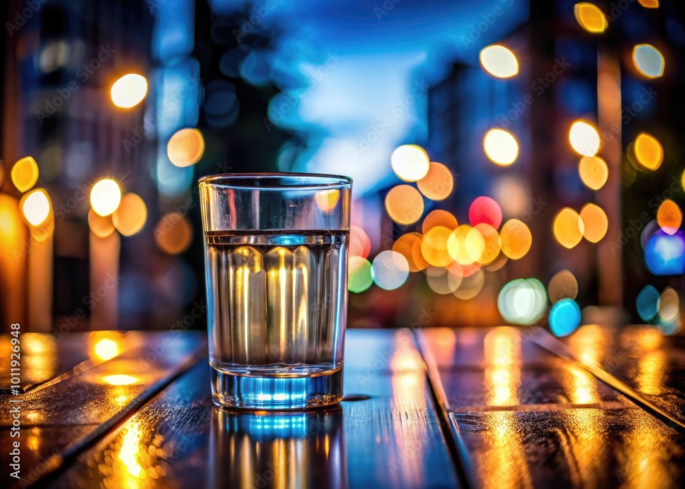 Clear glass water glass on a wooden table with natural light creating a refreshing atmosphere Clear glass water glass on a wooden table with natural light creating a refreshing atmosphere