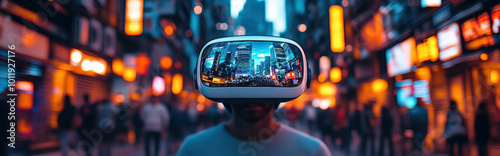 Cyberpunk street bustling with augmented reality interfaces photo