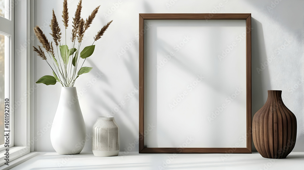 A Simple Modern Interior Design Mockup with a Wooden Frame, White Vases and a Brown Vase with Natural Light A Simple Modern Interior Design Mockup with a Wooden Frame, White Vases and a Brown Vase with Natural Light