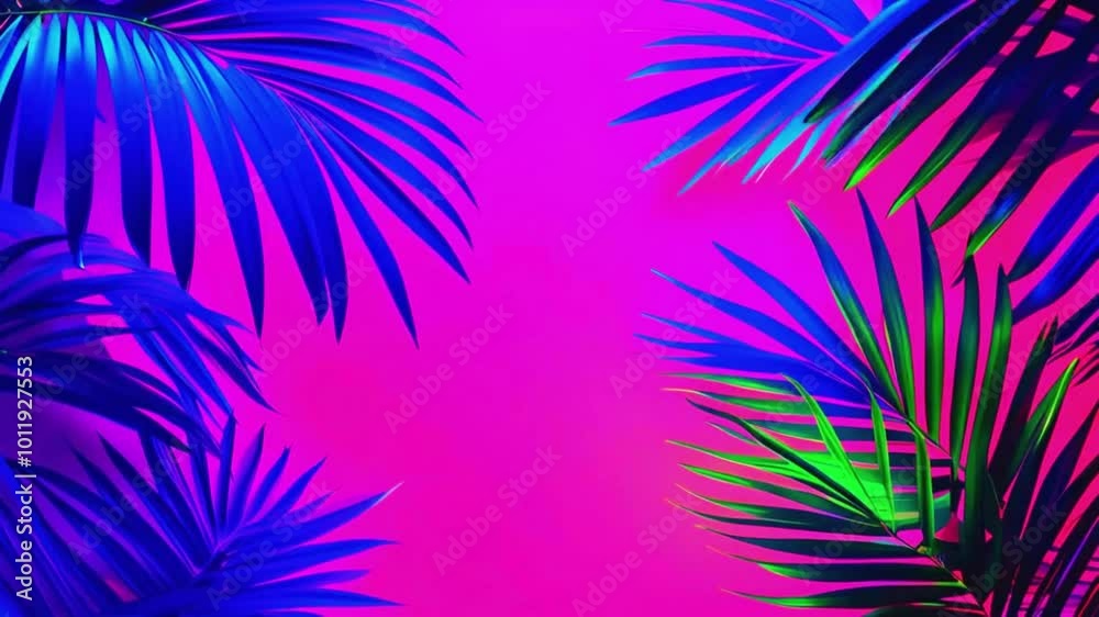 Retro 80s-inspired colors (electric blue, hot pink, neon green) palm leaves screen, neon gradient to shine. A space middle glows softly for text, 4k High-Quality background Animation Video Retro 80s-inspired colors (electric blue, hot pink, neon green) palm leaves screen, neon gradient to shine. A space middle glows softly for text, 4k High-Quality background Animation Video
